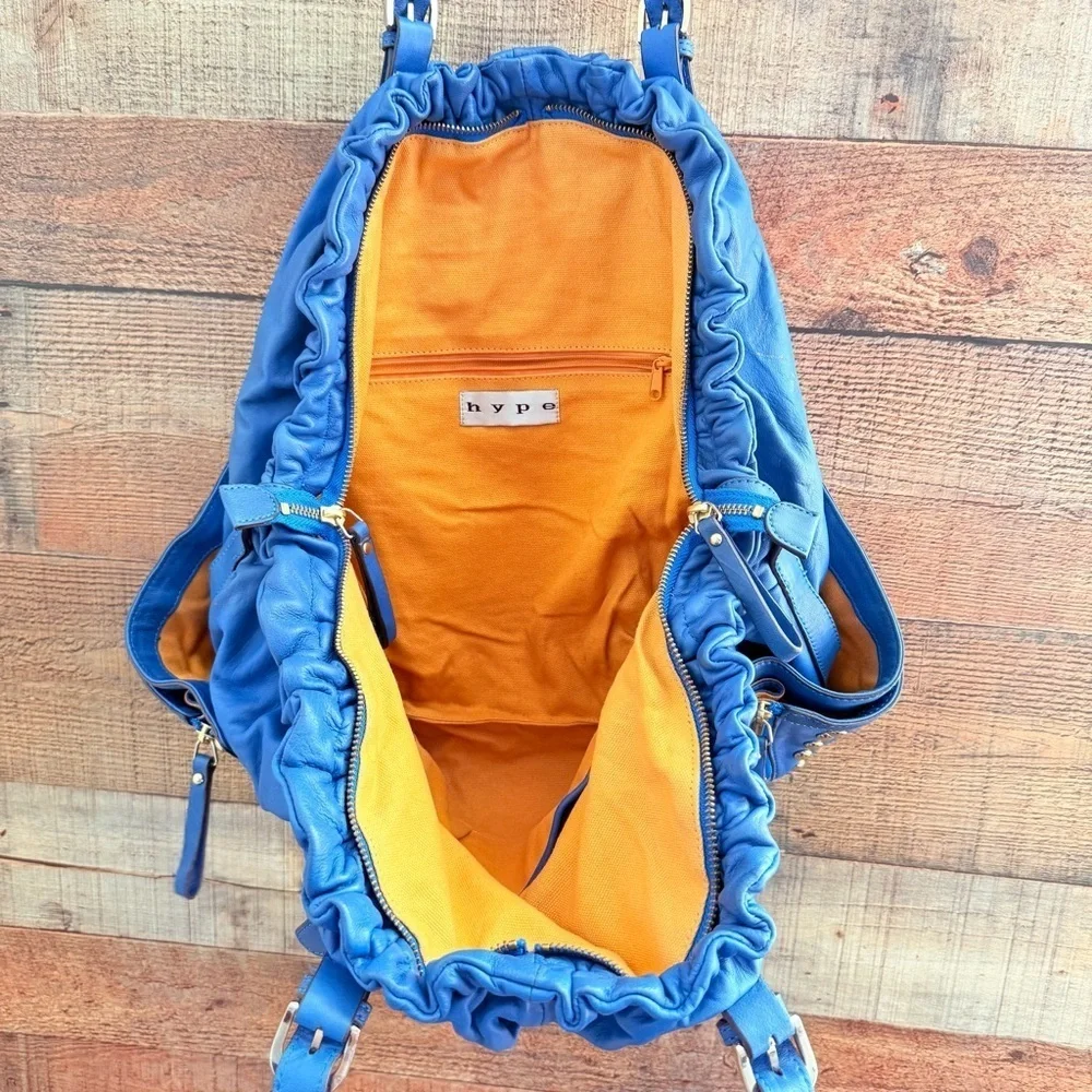 Vintage Hype Blue Leather Studded Oversized Hobo Shoulder Bag